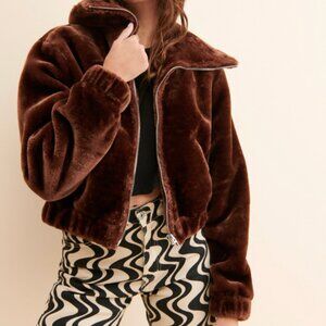 Blank NYC Faux Fur Shawl Collar Jacket Cropped Bomber in Chestnut Brown